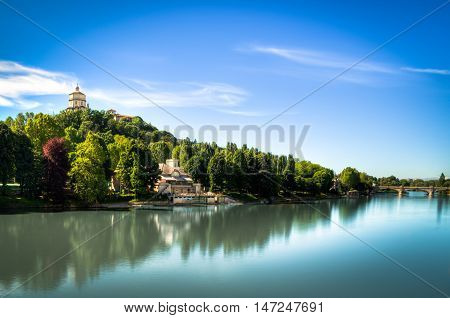 Landscape with river Po and back whit Church S. Maria del Monte and Monte dei Cappuccini Turin Italy