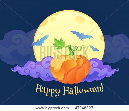 Bright orange pumpkin with violet curly cloud blue bats silhouettes and Happy Halloween sign on yellow moon at dark blue background