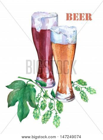 Glasses with light and dark beer. Branch green hops. Watercolor illustration on white background. Concept of bar, pub, beer demonstration and Oktoberfest.
