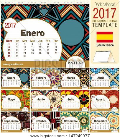 Desk triangle calendar 2017 template with native rosettes design. Size: 210mm x 150mm. Format horizontal. Vector image. Spanish version