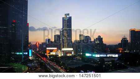 June 22 2016. Guangzhou China. The modern buildings on Tianhe Road area of Guangzhou China lit up at night.