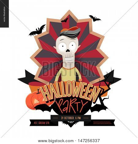 Halloween Party composed sign emblem invitation. Flat vectror cartoon illustrated design of a skeleton in center of striped shield, bats, pumpkin jack-o-lantern, ribbon, lettering