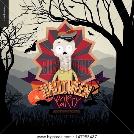 Halloween Party invitation. Flat vectror cartoon illustrated design of a skeleton in center of striped shield, bats, pumpkin jack-o-lantern, ribbon, lettering, forest landscale with trees and hills
