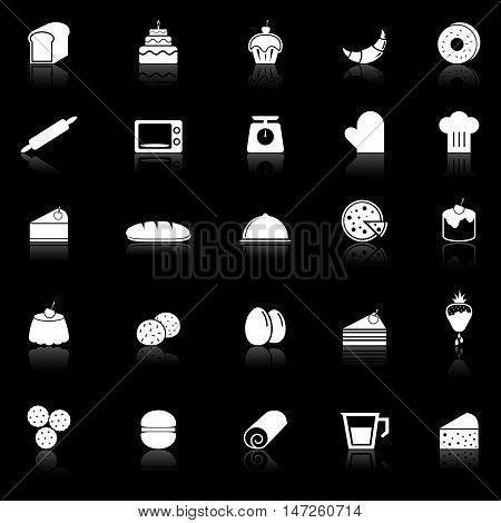 Bakery icons with reflect on black background, stock vector