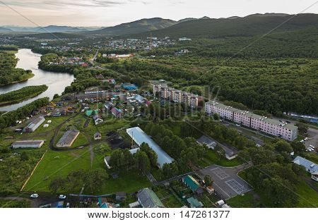 Yelizovo town on Kamchatka Peninsula. View from helicopter.