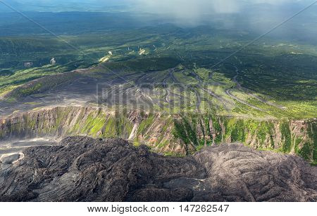 Caldera volcano Maly Semyachik. Kronotsky Nature Reserve on Kamchatka Peninsula. View from helicopter.