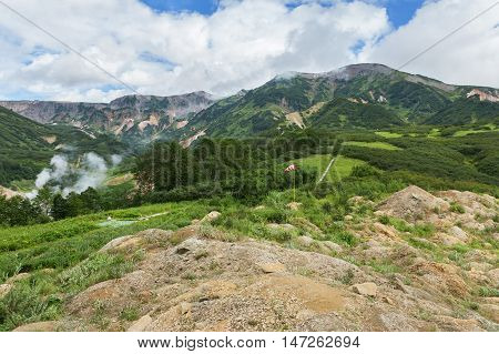 Valley of Geysers. Kronotsky Nature Reserve on Kamchatka Peninsula. View from helicopter.