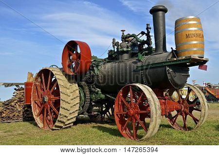 ROLLAG, MINNESOTA, Sept 1. 2016: The Minneapolis steam engine is a featured line of farm equipment at the West Central Steam Threshers Reunion in Rollag, MN attended by 1000's held annually on Labor Day weekend.