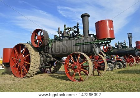 ROLLAG, MINNESOTA, Sept 1. 2016: The Minneapolis steam engine is a featured line of farm equipment at the West Central Steam Threshers Reunion in Rollag, MN attended by 1000's held annually on Labor Day weekend.