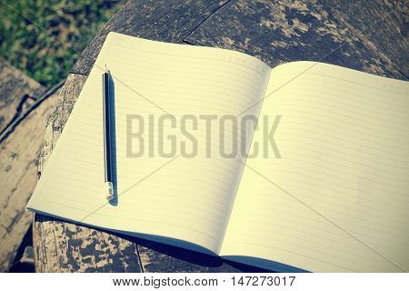 open notebook and pencil on grass field in park (vintage background)