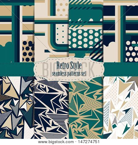 Set of seamless patterns vinage style with lines dots and cicrles.