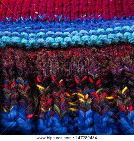 striped colorful wool texture handmade patten closeup macro blue red brown yellow