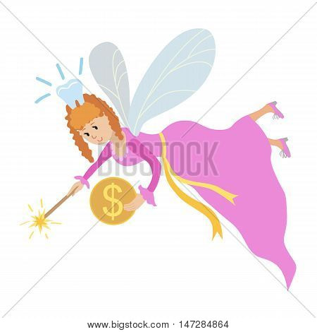 Tooth fairy with a magic wand wector illustration isolated on white background