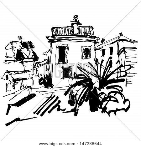 black and white sketch drawing of historical building with palm in Budva Montenegro, old town travel vector illustration