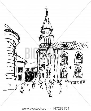 sketch drawing of the bell tower church top view in old town Budva Montenegro, travel vector illustration