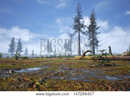 3D rendering of prehistoric Hell Creek about 67 million years ago.