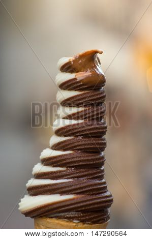 Very tasty chocolate and vanilla ice cream close-up shot