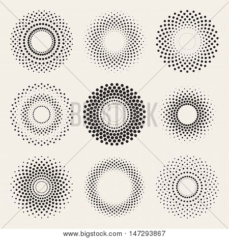 Vector Radial Gradient Halftone Sunburst Circle Shape Stippling Design Elements. Abstract Geometric Background Design