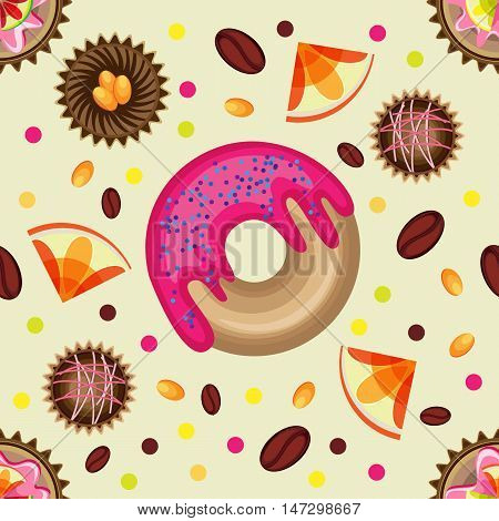 Vector Sweet seamless pattern on a beige background. View from above.