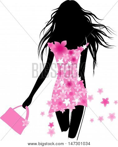 Vector fashion girl with floral dress. Female silhoutte