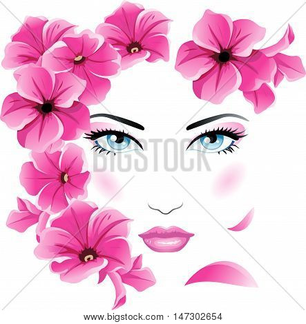 Absract female face with pink flowers. Girl with petunia