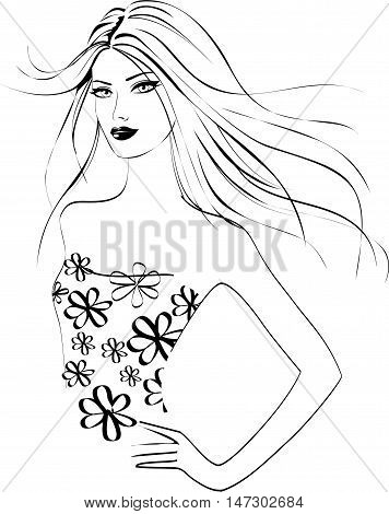 Beautiful young woman in floral clohes. Vector girl