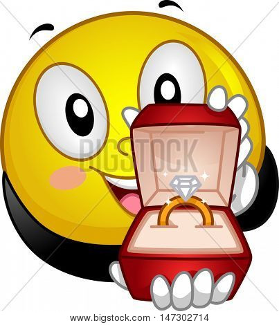 Mascot Illustration of a Lovestruck Smiley Presenting an Engagement Ring with a Diamond on Top