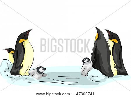 Animal Illustration of a Family of Emperor Penguins Playing on an Ice Sheet