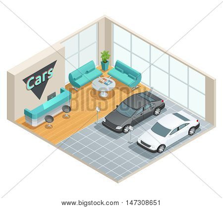 Color isometric design of cars hall with reseption vector illustration