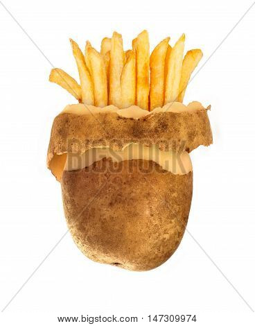 fast food conzept Peeled potato and french fries isolated on white