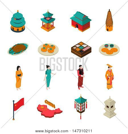 China isometric touristic set with traditional architecture symbols cuisine and people wearing national costumes isolated on white background vector illusration
