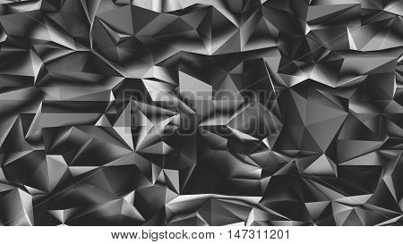 Abstract black 3d rendered geometric background with spikes. Monochrome background consisting of triangles. Abstract 3d rendering of metal surface.