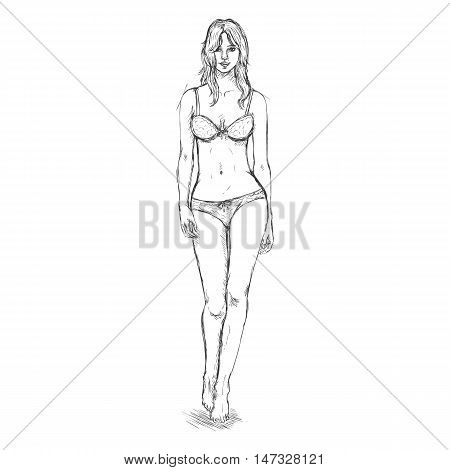 Vector Sketch Fashion Female Model In Underwear