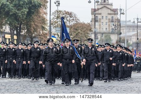 KYIV, UKRAINE - AUGUST 24, 2016: Soldiers of the National Police of Ukraine during military parade in Kyiv, dedicated to the Independence Day of Ukraine