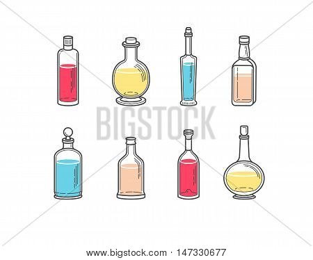 Alcohol bottles icons - vodka champagne wine whiskey beer brandy tequila cognac liquor martini vermouth gin rum absinthe sambuca cider port.