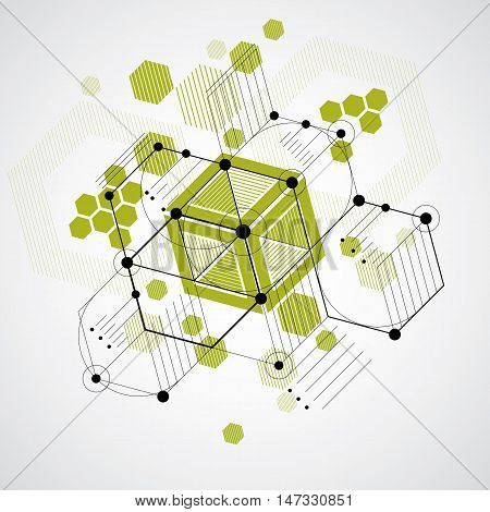 Bauhaus art decorative modular vector backdrop made using striped hexagons and circles. Retro style pattern graphic backdrop for use as booklet cover template. Illustration of engineering system.