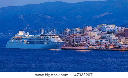 Agios Nikolaos City And Cruse Ship At Night, Crete, Greece
