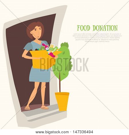 Woman Volunteer with food donation and clothes. Most needed items for food banks vector infographics with caned meat, socks, chockolate, socks