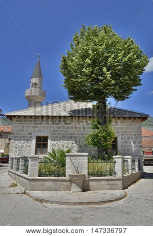 A mosque and minaret in Trebinje Republika Srpska Bosnia and Herzegovina.