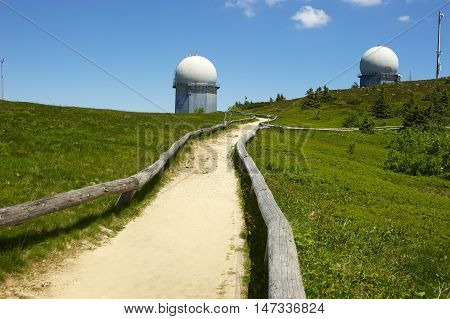 GROSSER ARBER, GERMANY - JUNE 16 2013: NATO distant early warning, high-resolution radar on 1456 m high peak in Bayerische Wald. National park in Bavaria.