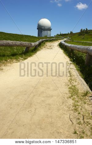 GROSSER ARBER, GERMANY - JUNE 16 2013: NATO distant early warning, high-resolution radar on 1456 m high peak in Bayerische Wald. National park in Bavaria.