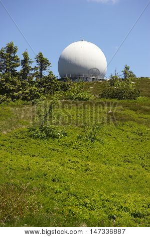 GROSSER ARBER, GERMANY - JUNE 16 2013: NATO distant early warning, high-resolution radar on 1456 m high peak in Bayerische Wald. National park in Bavaria.