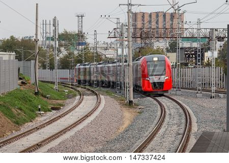 MOSCOW, RUSSIA - SEPTEMBER 13, 2016: Central Circle Line MCC Lastochka train at the station Krimskaya