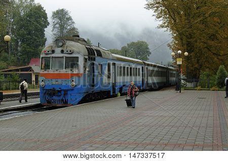 Yremche Ivano-Frankivsk Region Ukraine - 07 October 2015 : Regional diesel train has arrived to the Yaremche railway station