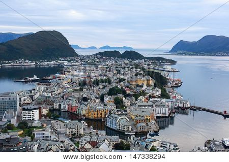 Beautiful Super Wide-angle Summer Aerial View Of Alesund, Norway, With Skyline And Scenery Beyond Th