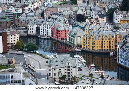 Beautiful Super Wide-angle Summer Aerial View Of Alesund, Norway, With Skyline And Scenery Beyond Th