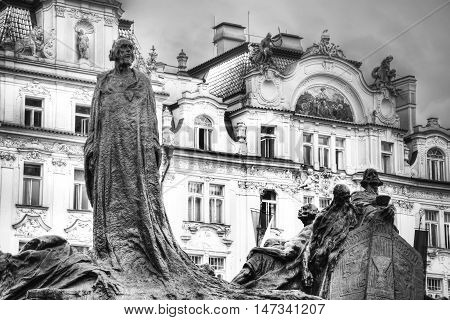 Memorial of Jan Hus in Prague. Monuments and statues of Prague concept. Black&white picture.
