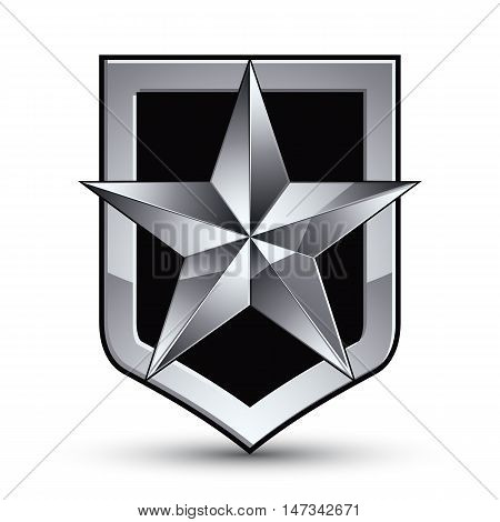 3d heraldic vector template with pentagonal silver star dimensional royal geometric medallion isolated on white background.