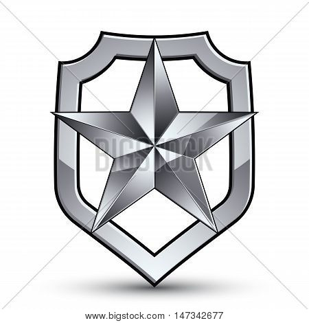 3d heraldic vector template with pentagonal silver star dimensional royal geometric medallion isolated on white background.