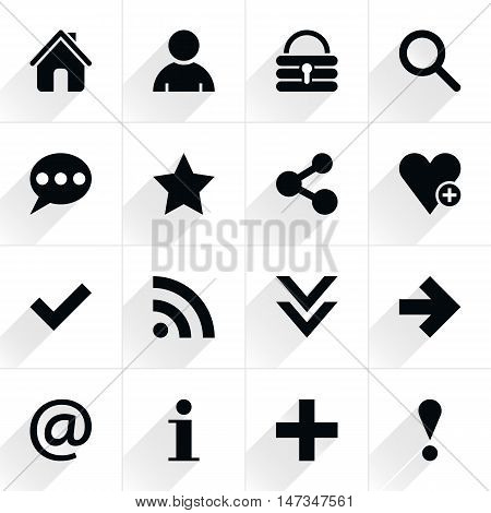 16 basic sign flat icon with gray long shadow. Black sign on white background. Tidy clean simple minimal solid plain style. Vector illustration web internet design element save in 8 eps